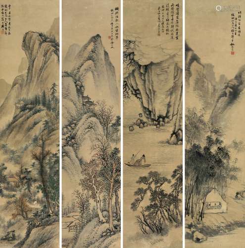 巢勋 姚钟葆 徐行敏（1852～1917）等 山水人物图 四条屏 设色纸本
