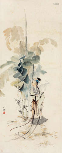 胡也佛（1908～1980） 芭蕉仕女 立轴 设色纸本