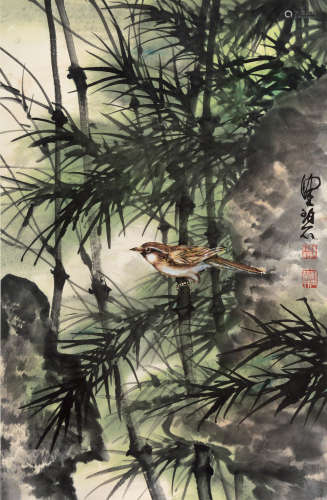 陈佩秋（b.1922） 竹林鸣雀图 镜片 设色纸本