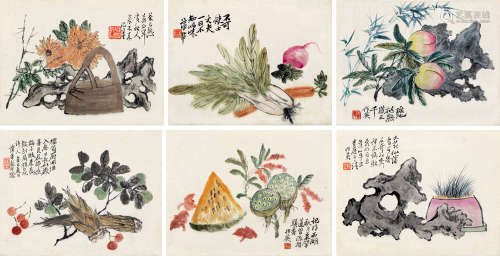 蒲华（1832～1911） 瓜果花卉 册页 （六开） 设色纸本
