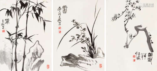 吴玉梅（b.1940） 梅、兰、竹 （三幅） 立轴 水墨纸本