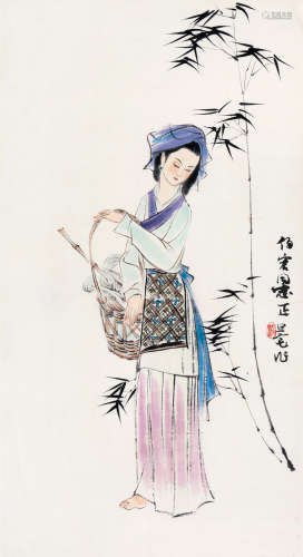 刘旦宅（1931～2011） 竹篮仕女 立轴 设色纸本