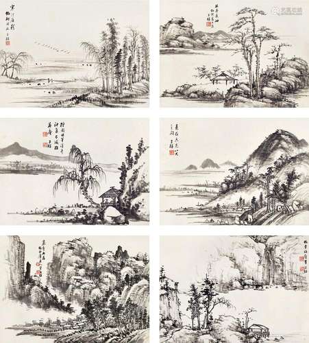 卢子枢（1900～1978） 仿古山水册 册页 （六开） 水墨纸本