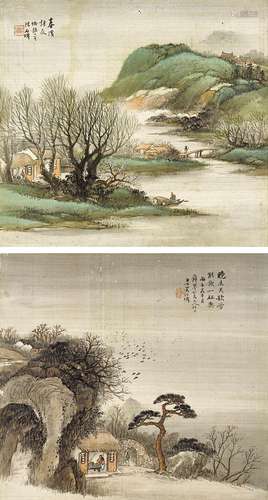 吴石仙（1845～1916） 春溪访友·松庐读书 （二帧） 镜心 设色绢本