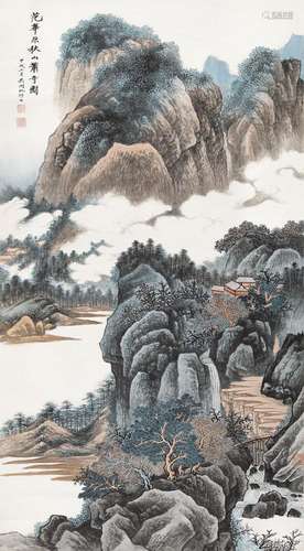 吴湖帆（1894～1968） 甲戌（1934年）作 秋山萧寺 立轴 设色纸本