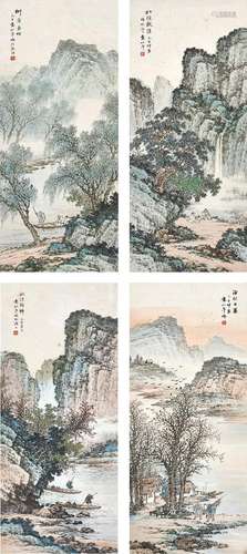 袁松年（1895～1966） 己丑（1949年）作 四季佳景 （四帧） 四屏镜心 设色纸本