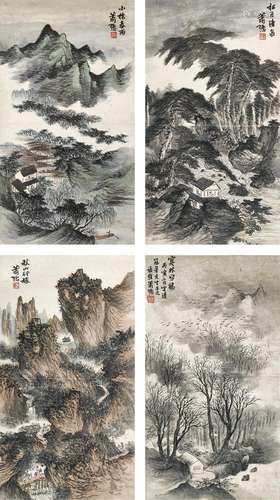 萧愻（1883～1944） 丙寅（1926年）作 四时山色 （四帧） 四屏立轴 设色纸本 水墨纸本