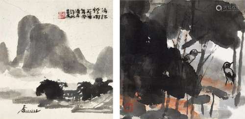 方济众（1923～1987） 漓江烟雨•荷叶双禽 镜心（二帧） 水墨纸本、设色纸本