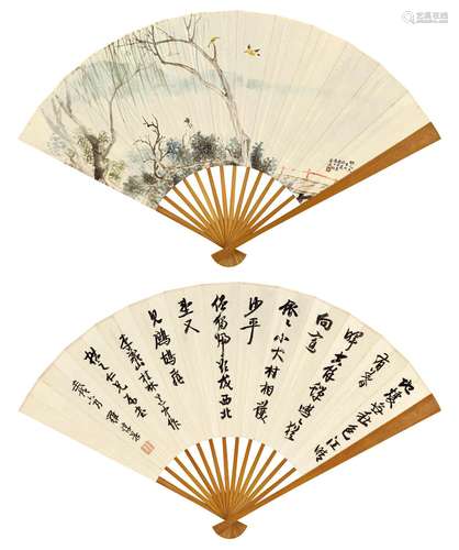 金城 罗惇曧（1878～1926） 柳岸春莺 李商隐《桂林道中作》 成扇 设色纸本