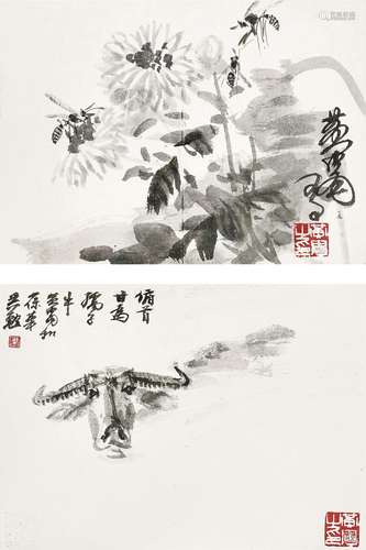 黄胄（1925～1997） 菊蜂•水牛 （二帧） 镜心 水墨纸本