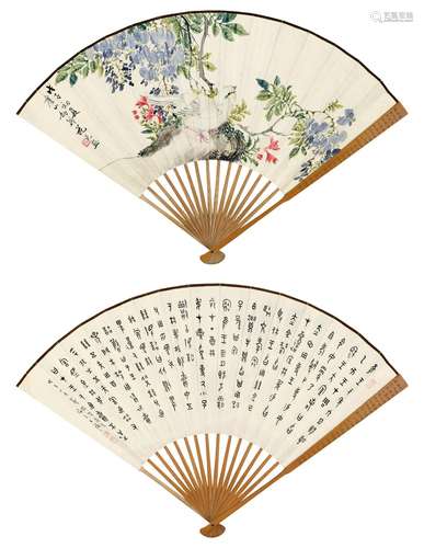 花元 王福厂（1898～1957） 戊子（1948年）作 紫藤鸣禽 节临《曶鼎铭》 成扇 设色纸本