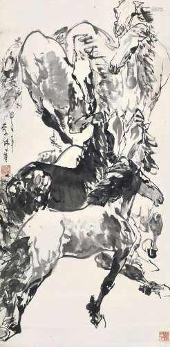 刘勃舒（b.1935） 甲子（1984年）作 群马图 立轴 设色纸本