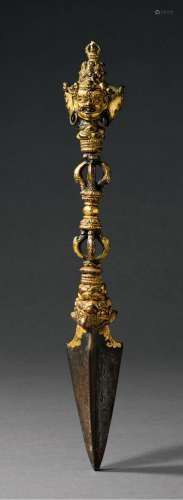 明早期（十五世纪) 铜鎏金嵌天铁金刚橛