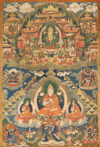 THANGKA DES TSONGKHAPA MIT MAITREYA.