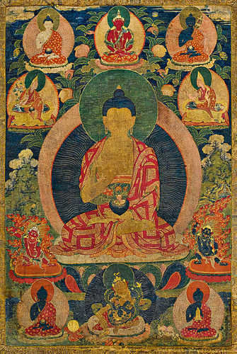 THANGKA EINER FÜNFER-BUDDHAGRUPPE.