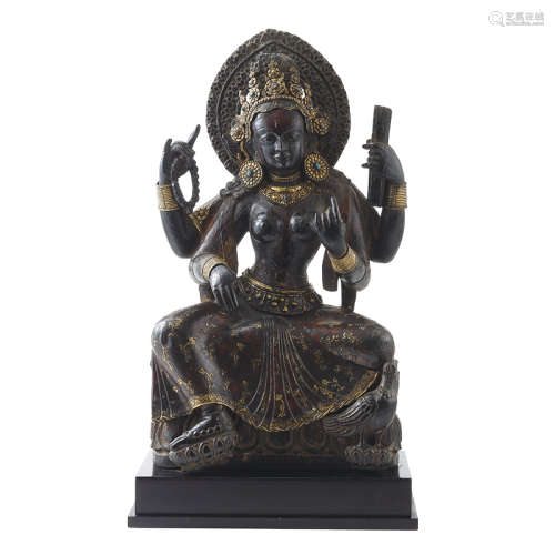 十七世紀 尼泊爾木雕加銅妙音天女座像