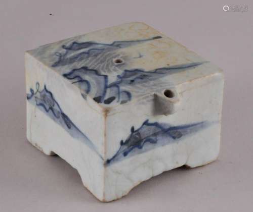 Korean Chosun Dynasty white porcelain square water dropper with blue underglaze mountain landscape decoration. 2-1/2