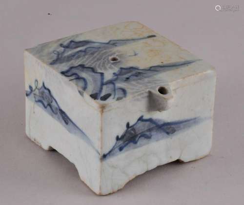 Korean Chosun Dynasty white porcelain square water dropper with blue underglaze mountain landscape decoration. 2-1/2