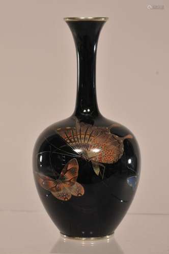 Fine quality Japanese Cloisonne vase attributed to Namikawa Yasuyuki. Silver rim and silver wire butterfly decoration. Silver base and inside top. 5