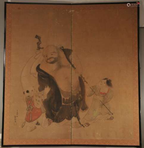 Two panel screens. Japan. 19th century. Kano school. Scene of Hoitei playing with children. 59
