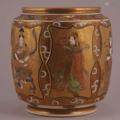 Pottery jar. Meiji period. (1868-1912). Satsuma ware. Decoration of Buddhist divinities on a gold ground with brocade borders. Signed.  7