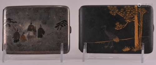 Two Japanese cigarette cases. (1) Silver with mixed metals landscape decoration with figures. Signed on reverse. 4-1/2