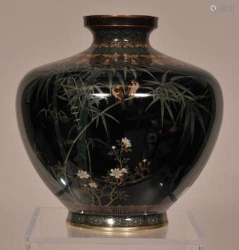 Fine quality Japanese Cloisonne vase. Attributed to Hayashi Kodenji. Silver and Gold wire birds in bamboo grove decoration. Silver base rim. Gilt bottom.  6-1/4