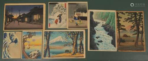 Lot of eight Japanese woodblock prints. Overall size of Hasui woodblock Fuji print- 10-3/8