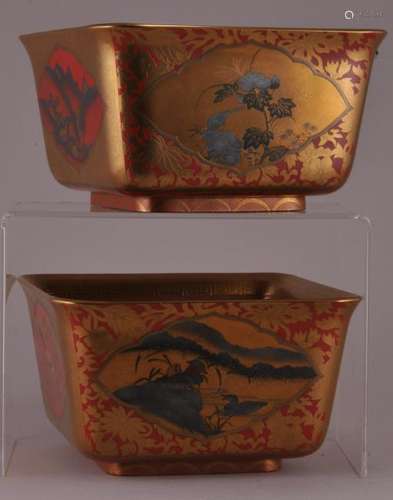 Pair of Lacquer bowls. Japan. 19th century. Square form. Red lacquer with gold decoration of crabs, flowers, landscapes and brocade patterns.   5-3/4