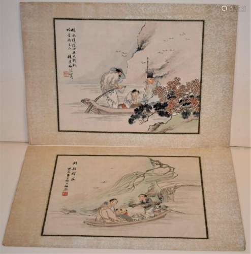 Lot of two. Album leaf. China. Early 20th century. Ink and colours on paper. Three figures in a boat.  A scene of women and children. Unframed.  Signed and sight size 12 x 14