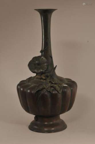 Bronze vase.  Japan. Meiji period. (1868-1912). Melon shaped decoration of morning glories and a frog. 14-1/2