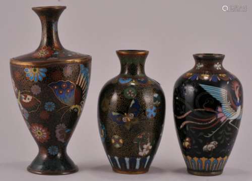 Three small Japanese Cloisonne vases. Tallest- 5
