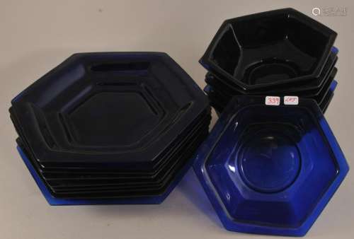 Lot of sixteen pieces of Peking glass. China. Early 20th century. Cobalt blue colour. Hexagonal shape. 9 plates. 7 bowls. Plates- 7-3/4