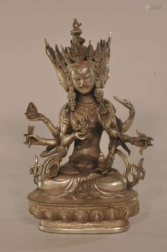 Silver bronze Buddhist image. Nepal. 20th century. Eight-armed figure of Vajrasattua. 9