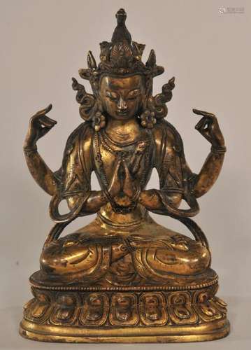 Gilt bronze Buddha image. Sino-Tibetan. 18th/19th century. Four-armed figure of Shadakh- Shari Lokeshvara.   6