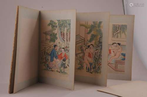 Erotic Album. China. 19th century. Nine scenes. Ink and colours on paper. Brocade covers.  10-1/4