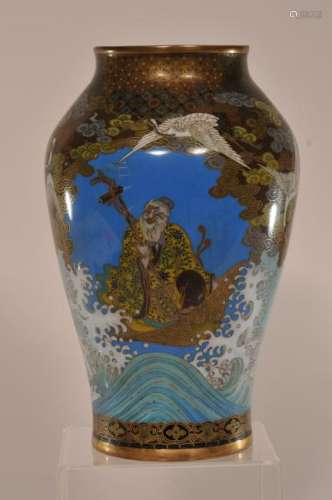 Japanese Meiji period fine quality gold and silver wire Cloisonne vase with scenes of a yellow robed deity and fish and shells in a basket surrounded by cresting waves, cranes and clouds. 9-1/2