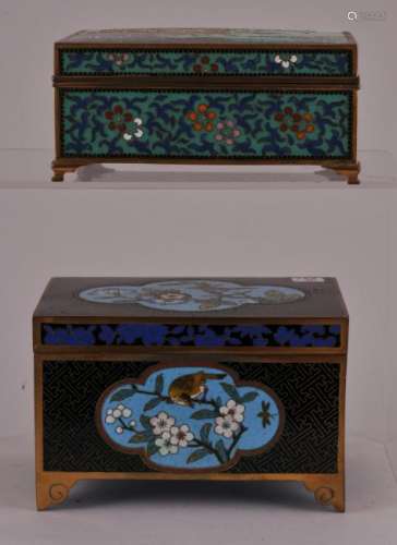 Two Japanese Cloisonne boxes. Early 20th century.  (1) Black ground with bird in branch decorated medallions. 4-1/2