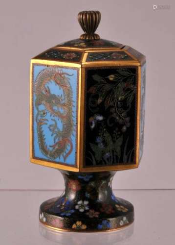 Cloisonne covered jar. Japan. Meiji period. (1868-1912). Hexagonal body on a footed base. Decoration of dragons, phoenixes, birds, butterflies and flowers. 4-1/2