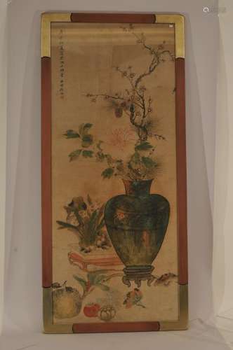 Scroll painting. China. Early 20th century. Ink and colours on paper. Still life with a vase and floral arrangement.  Sight size: 47-1/2