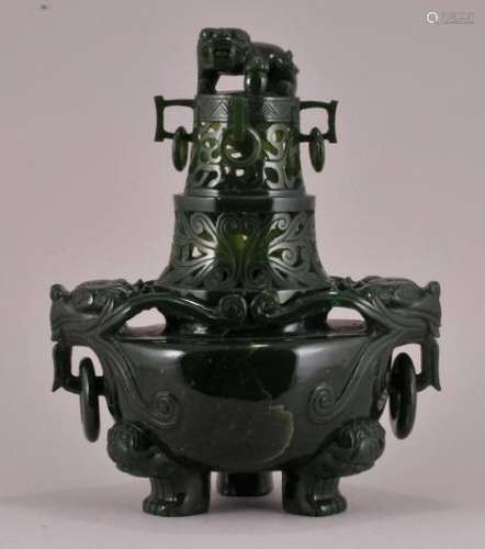 Jade Censer. China. 20th century. Deep forest green colour. Foo dog finial, feet and jump ring handles. 8-1/4