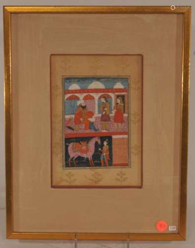 Miniature painting. Kashmir. 19th century. Ink, colours and gilt on paper. Scene of Rustam and Shirin. Framed and glazed. Sight size: 9
