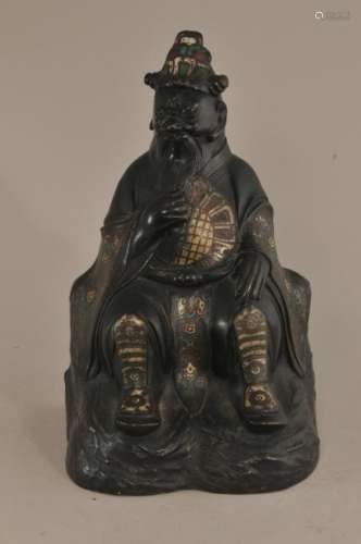Bronze figure. Japan. Early 20th century. Seated figure of The God of War with decoration in Champleve enamels. 8