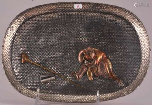 Japanese Meiji period woven silver basket weave tray with mixed metals monkey holding a silver baby monkey. 9-1/2