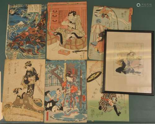 Lot of seven Japanese woodblock prints. One framed.