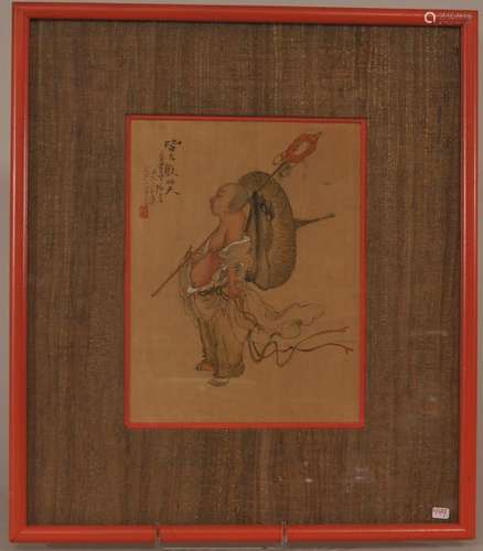 Painting. China. Circa 1930. Ink and colours on silk. Scene of a Buddhist monk. Framed and glazed.  Sight size: 8-3/4