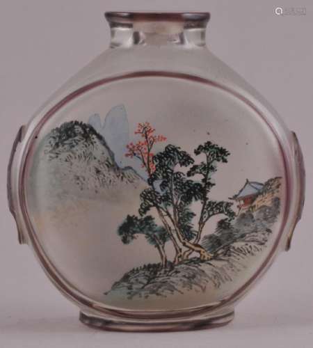 Republic Period Chinese clear and aubergine carved glass snuff bottle with interior painted landscape decoration. 3