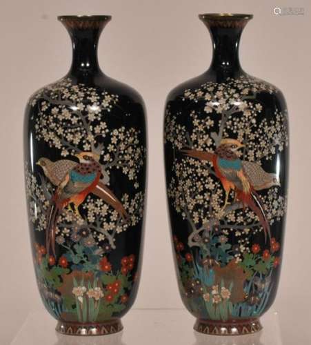 Pair of Japanese silver wire Cloisonne bird and floral branch decorated vases, circa 1900. Marked on bases. 6