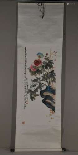 Hanging scroll. China. 20th century. Ink and colours on paper. Flowers.  69-1/2