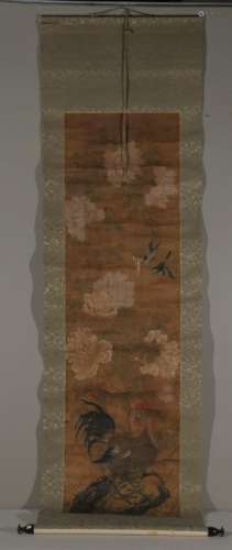 Hanging scroll. China. 19th century. Ink and colours on silk. Peony flowers. Numerous creases, stains and some loss.  Overall size: 76